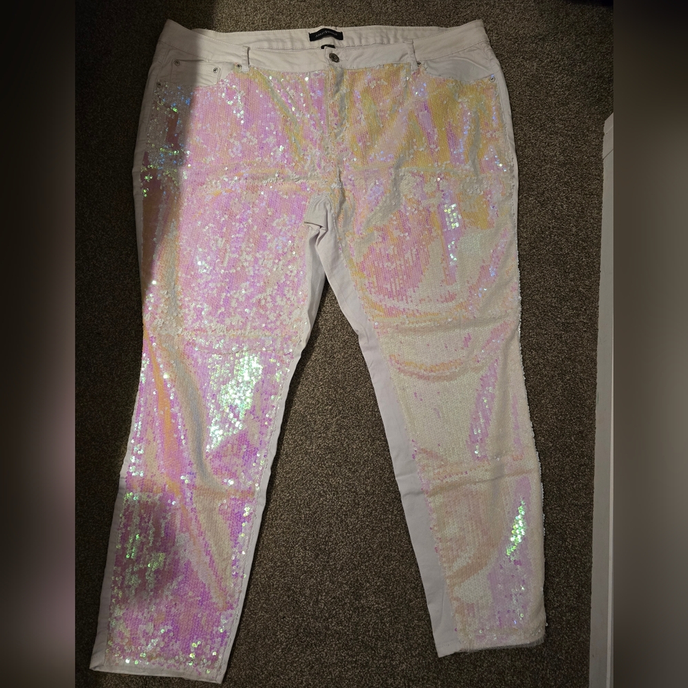 Ashley Stewart Iridescent Pink and White Sequin Jeans Size 28